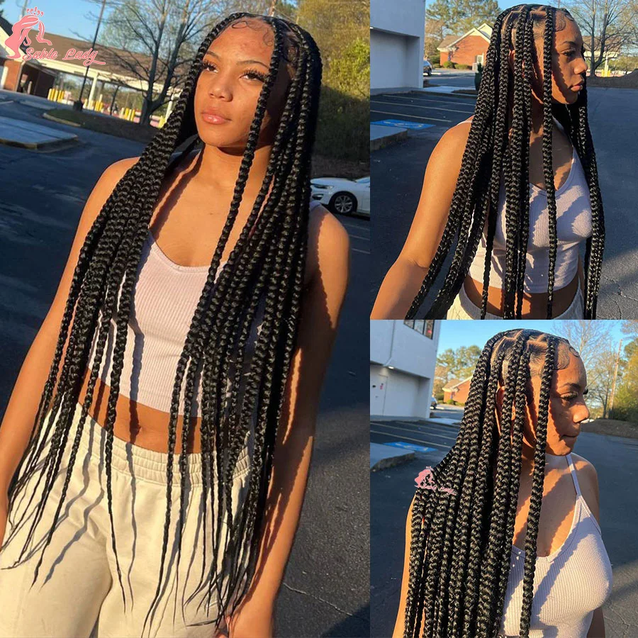 Synthetic Jumbo Box Braided Wig 36 Inch Full Lace Knotless Box Braids Long Tribal Cornrow Braided Lace Front Wig For Black Women