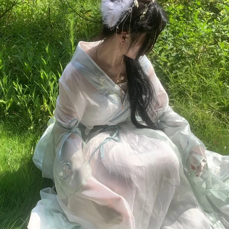 فستان Hanfu الصيني للنساء ، مجموعات Hanfu مطرزة تقليدية قديمة ، زي تنكري خرافي كرنفال ، بدلة رقص خضراء