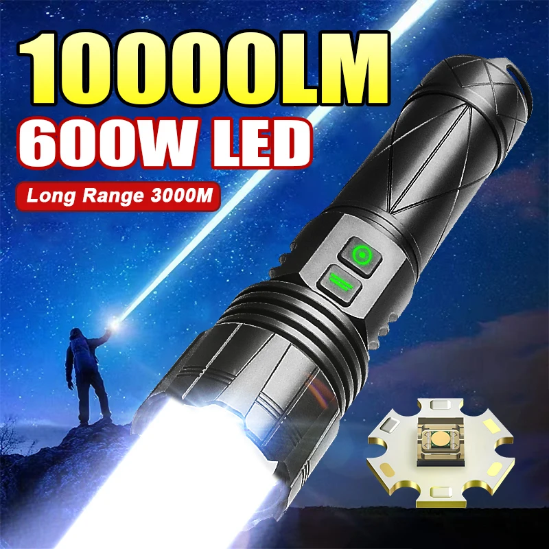 Most Powerful 600W LED Flashlight Super High Power 10000LM Torch Rechargeable Led Flash Lights Long Shot 3000M Tactical Lantren