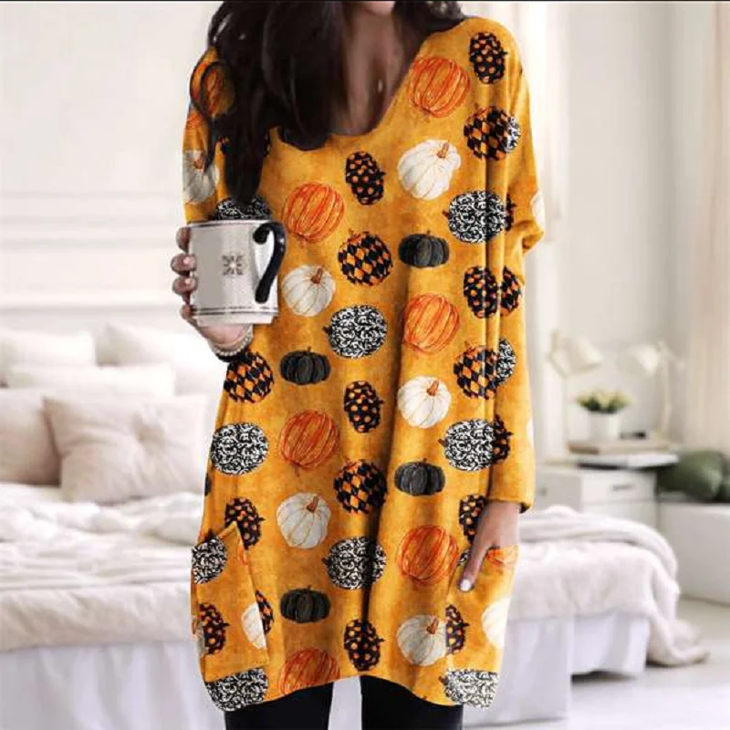 

Halloween Element Printed Dress Women's New Long Sleeved Short Dresses Pumpkin Bat Trendy Female Clothing Y2k Clothes