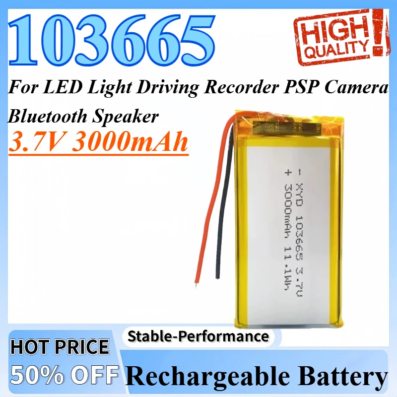 

3.7V 3000mAh 103665 Rechargeable Battery Lithium Battery For LED Light Driving Recorder PSP Camera Bluetooth Speaker
