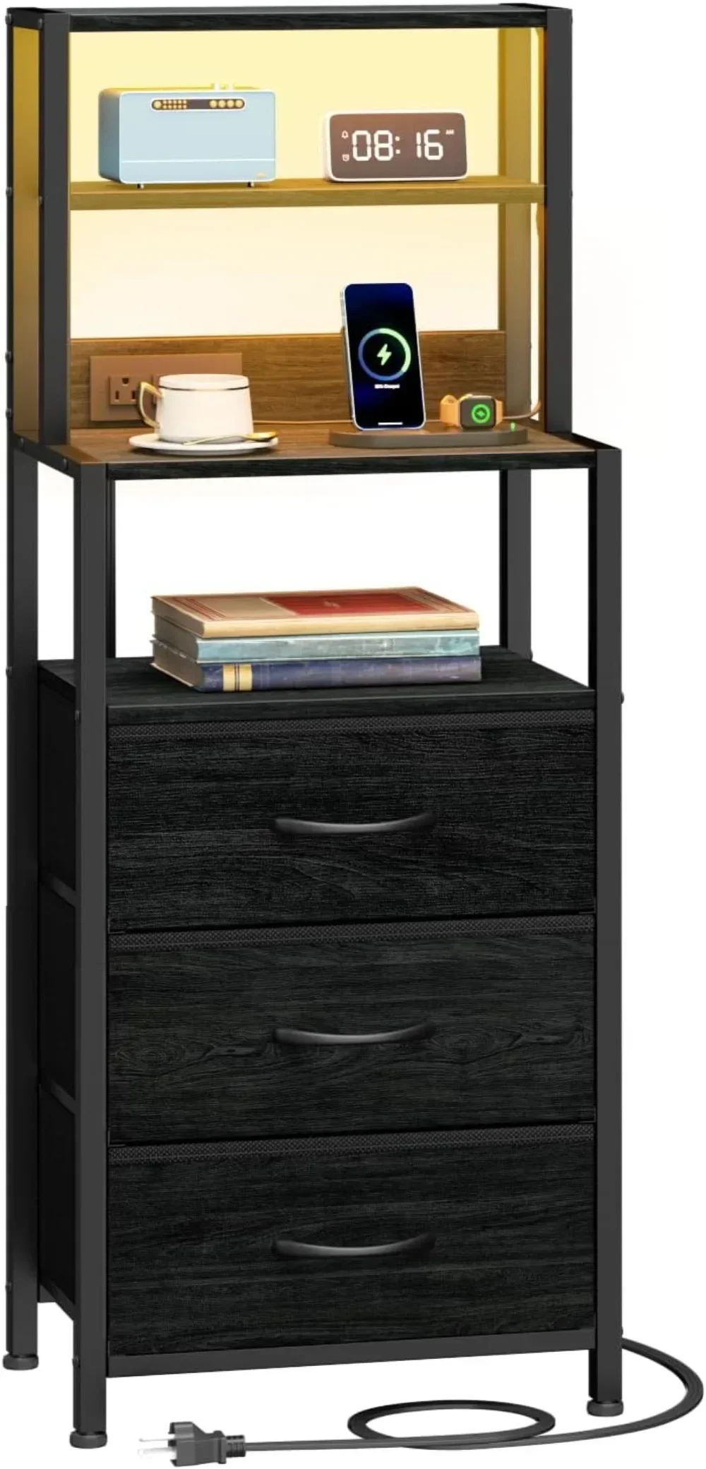 

Night Stand with 3 Fabric Drawers and Charging Station, Bedside Nightstand with Bookshelf,Bed Side Table for Bedroom,Home Office