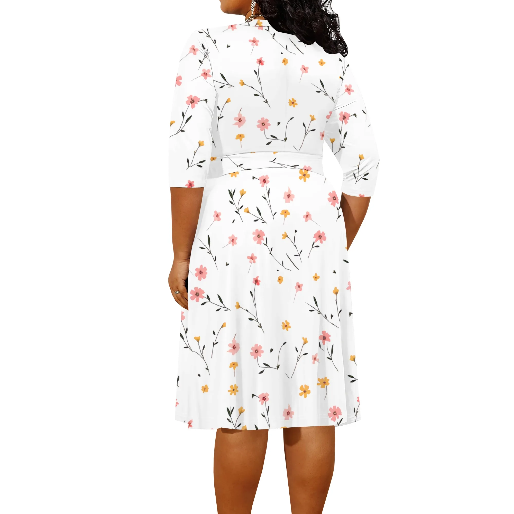 Minimal Floral Plus Size Dress – White Wrap Midi with Pink & Yellow Bloom XL-6XL