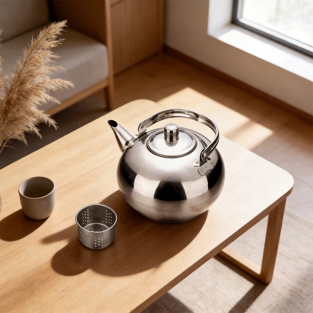 Stainless Steel Teapot with Thermally Responsive Base and Integrated Strainer Unit - Compatible with 1L 1.5L and 2L Capacities