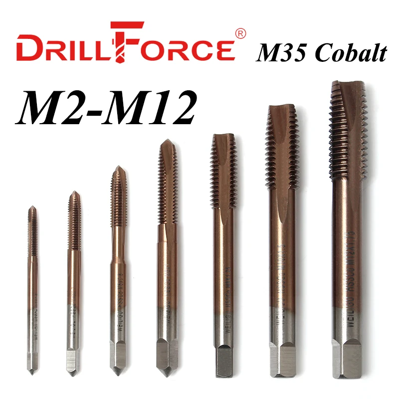 Drillforce kobaltowy gwintownik śrubowy HSSCO M35 spiczasty flet metryczny M2-M12 zawory maszynowe prawa ręka do stali nierdzewnej