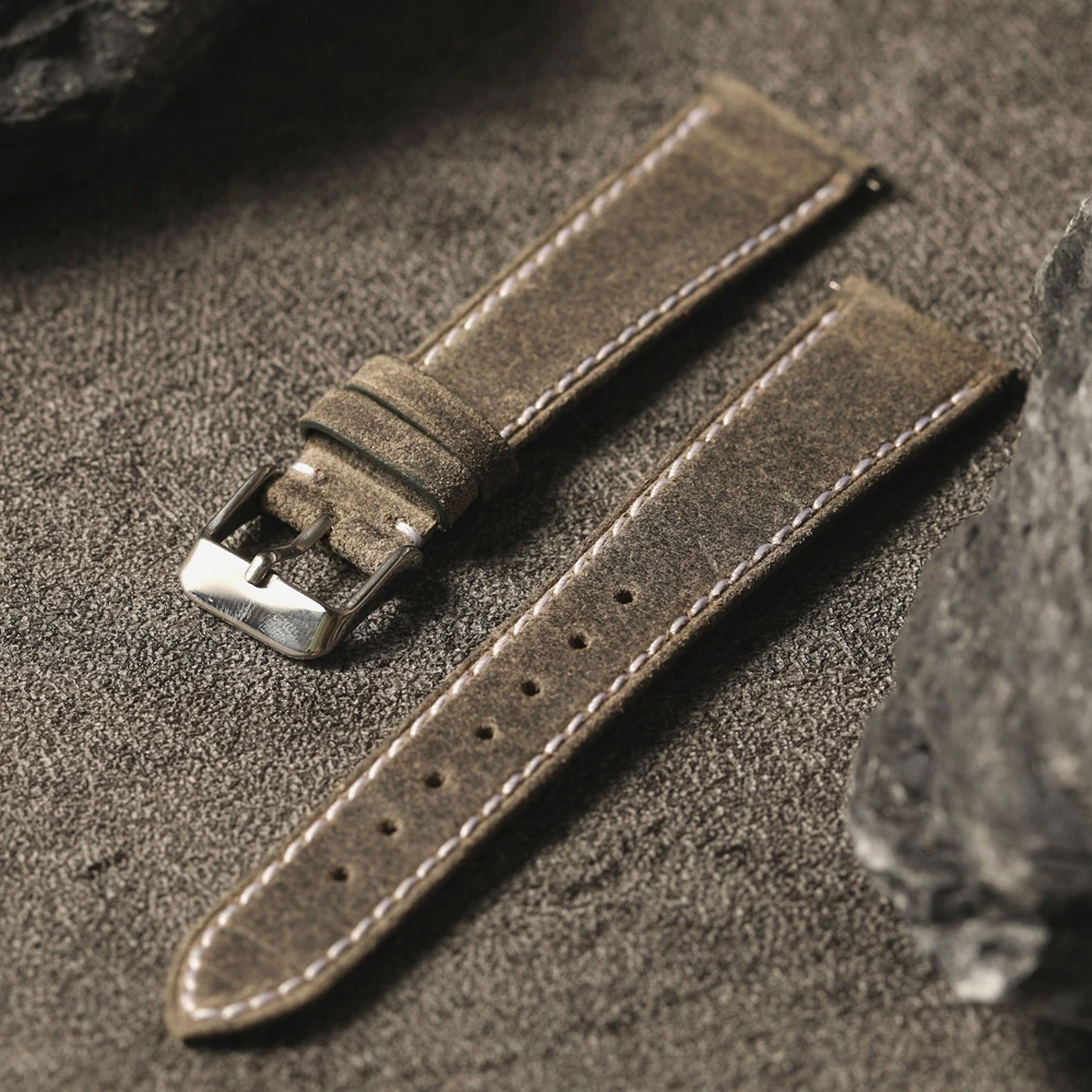 Hand Sewn Charles CFS Vintage Leather Strap From The UK, 18 19 20 21 22MM Frosted Grey Leather Bracelet, Ultra-Thin Watchband