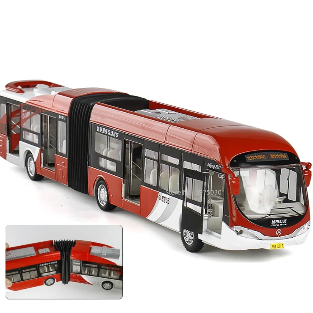 1:32 Alloy Diecast Bus Model Toys Large Double Section Articulated Sightseeing Tour Bus Sound Light Pull Back Boy Birthday Gifts