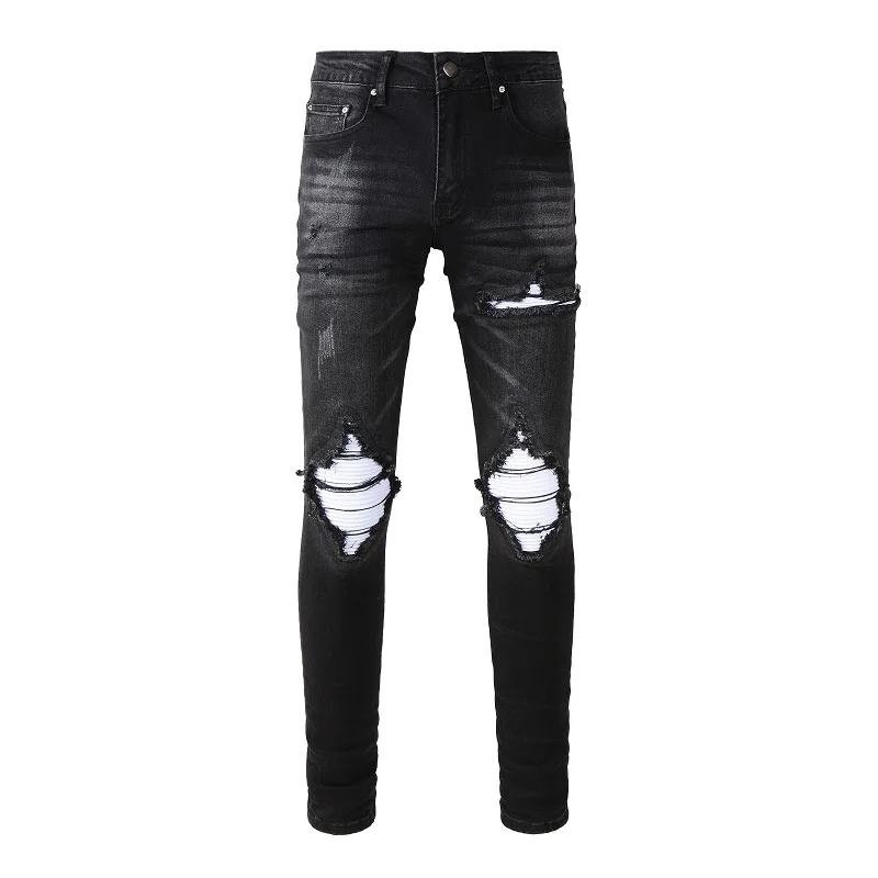 

Men's Distressed High Street Stretch Slim White Ribs Patches Holes Repaired Black Ripped Distressed Patchwork Destoryed Jeans