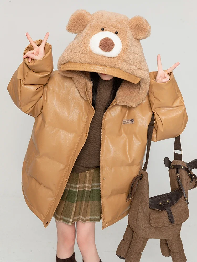 Long Sleeve Zipper Brown Leather Cotton-Padded Coat Women 2023 Winter High-Grade Plush Hooded Leather Coat Female Kawaii Clothes