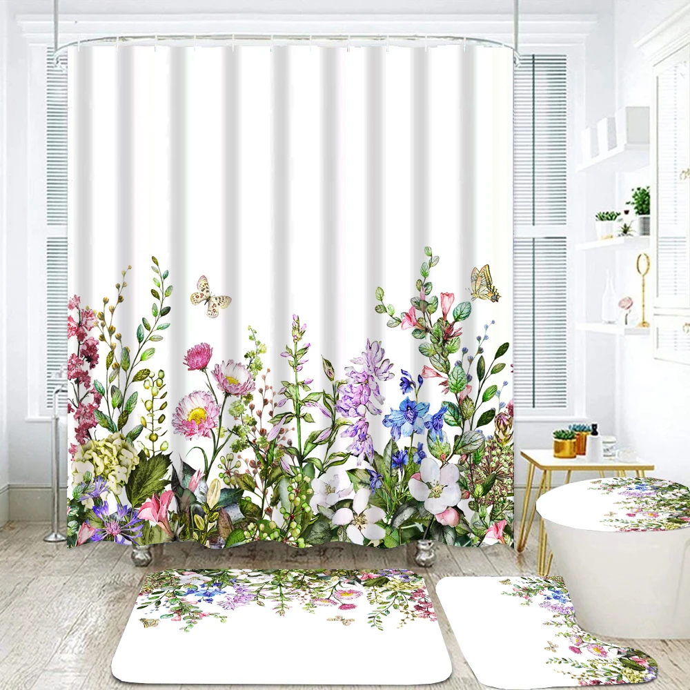 Butterfly Flowers Print Fabric Shower Curtains Bathroom Curtain Set Flower Anti-skid Rugs Carpet Toilet Lid Cover Bath Mat Sets