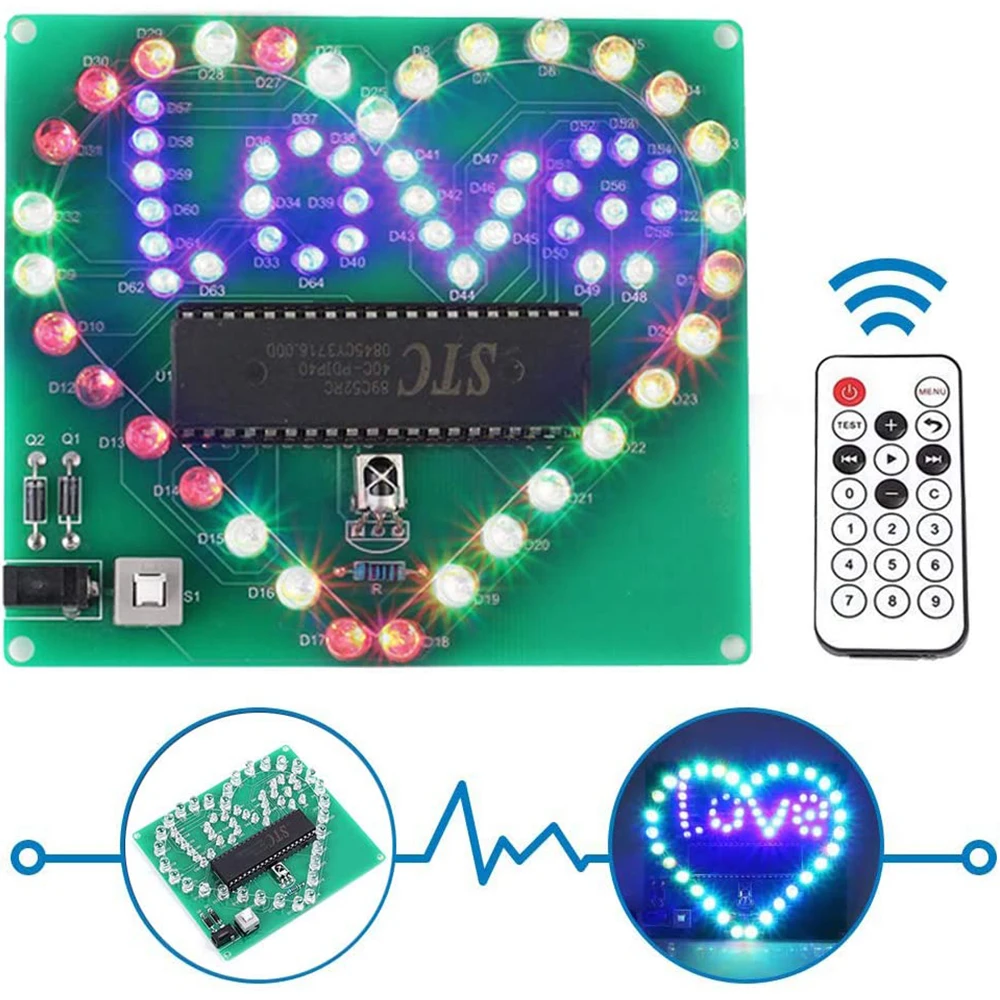 DIY Electronic Kit LED Flashing Heart Shape Breathing Lamp Marquee Light 8 Styles Soldering Practice for School Student Learning