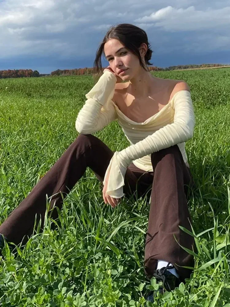 

Mesh Ruched Crop Tops Women Off Shoulder Long Sleeve Slim Tops and Blouses Summer Autumn Y2K Sexy Elegant Shirts Female