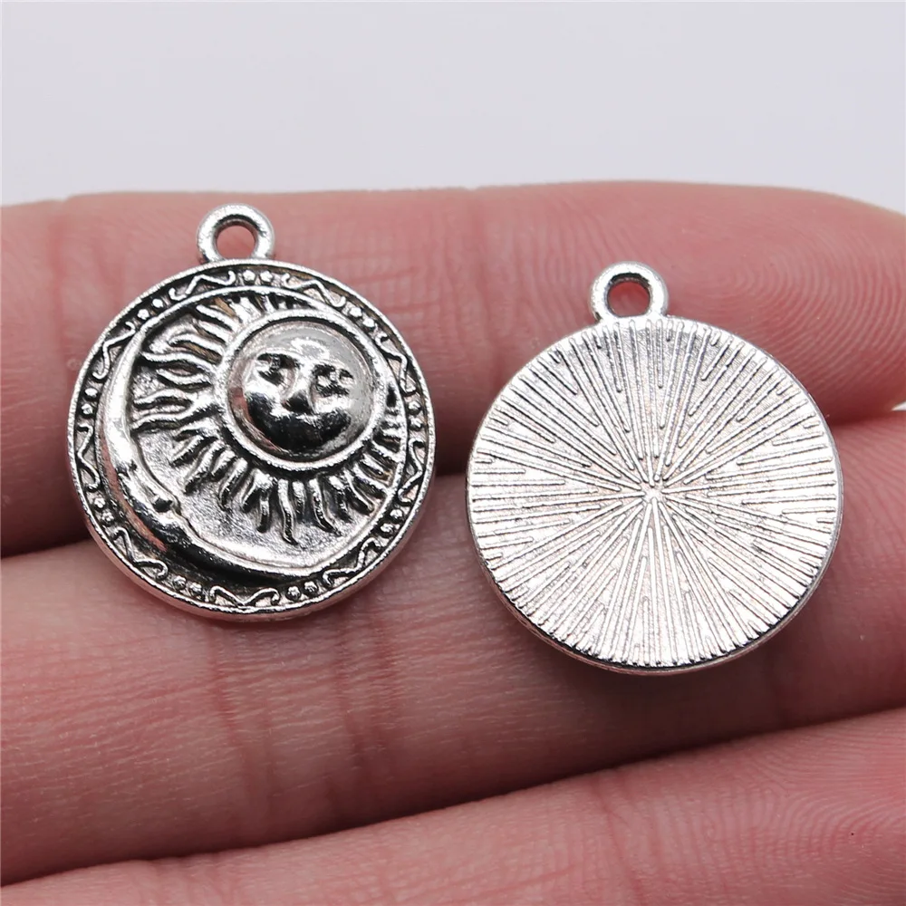 WYSIWYG 4pcs 19x23mm Antique Silver Color Sun Moon Disc Charms Pendant For DIY Jewelry Making Handmade Jewelry Craft Findings