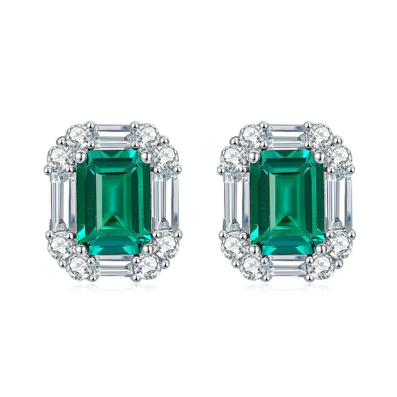 HanYu Factory Manufacture White Gold Plated Solid 925 Silver Lab Grown Emerald Women Earrings