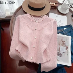 3D Floral Sweater Jacket for Women Autumn Winter New O-Neck Long Sleeve Single Breasted Commuting Cropped Knitted Cardigan Tops