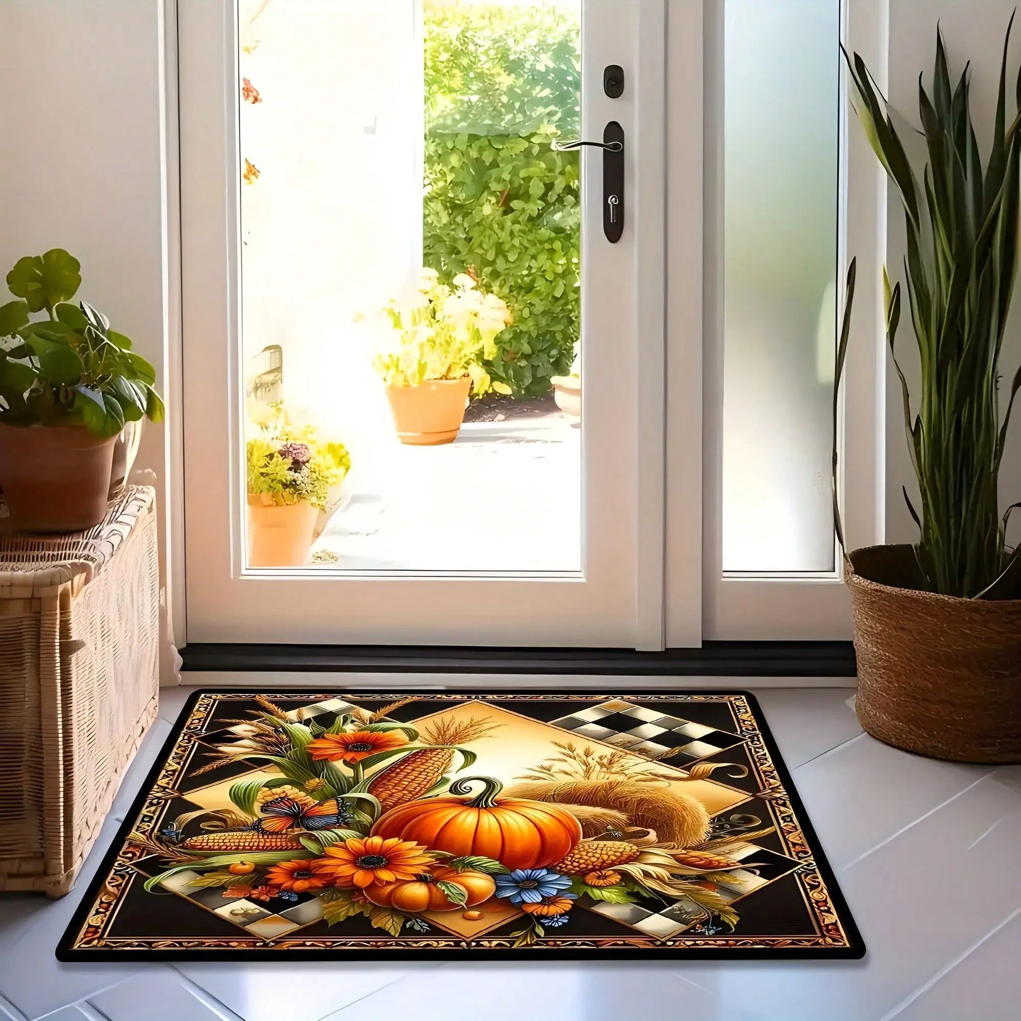 A High-Quality Flannel Rug Featuring Autumn Harvest Corn, Pumpkin, Floral, And Butterfly Patterns, Designed As A Welcome Mat For Thanksgiving.It Is Non-Slip