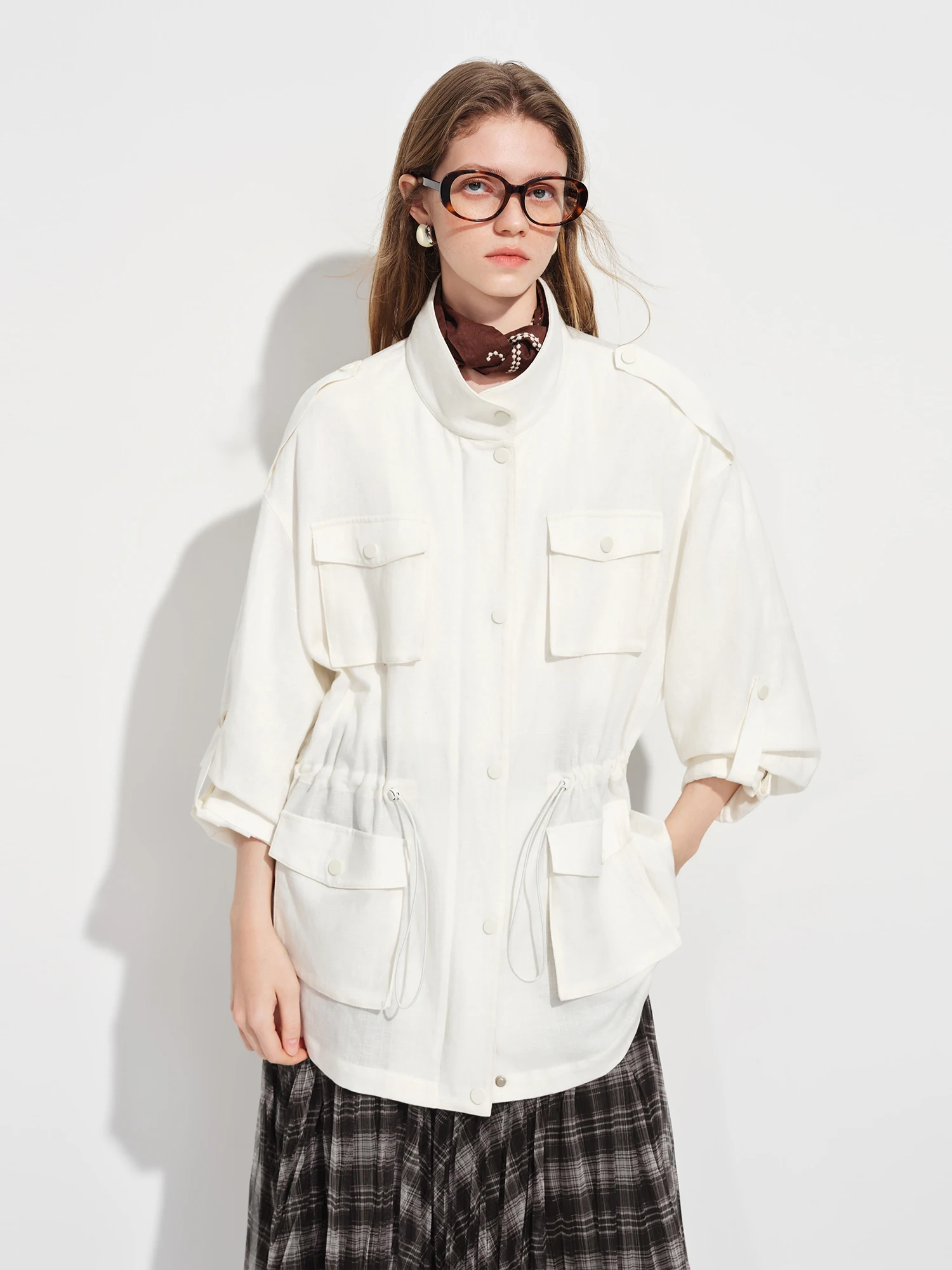 FSLE White Loose-fitting Stand-collar Workwear-style Drawstring Waist Short Jackets Women New Spring 2026 Style Straight Coats
