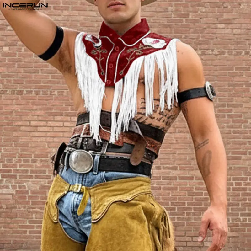 INCERUN Men Shirt Tassel Patchwork Lapel Sleeveless Embroidery Male Crop Tops Streetwear Sexy 2026 Fashion Irregular Shirt Men