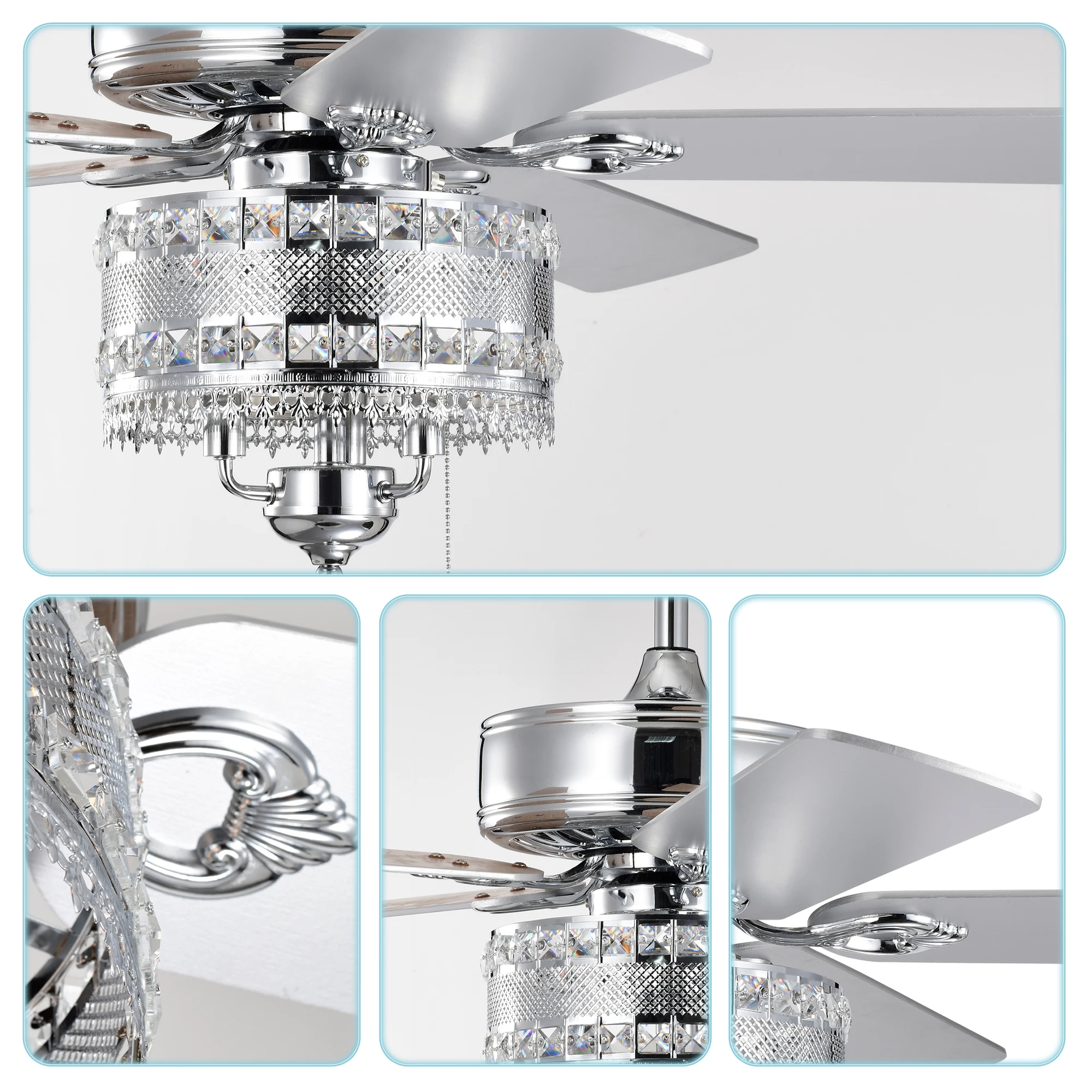 52'' Classical Crystal Ceiling Fan Lamp 5 Reversible Blades for Living Room, Dining Room, Bedroom, Family Room, Chrome (Hand Pul