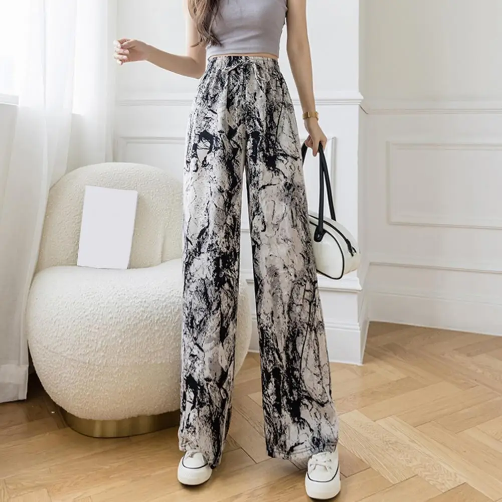 Comfortable Tie-dye Pants Stylish Women's Wide Leg Lounge Pants with Elastic Waist Adjustable Tie Camouflage Striped for Summer