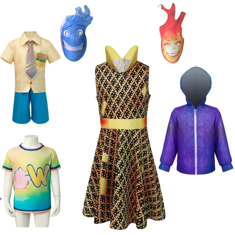 Movie Elemental Cosplay Costume Ember Dress Coat Wade Shirt Pants Tie Mask Full Set Kids Halloween Costume Anime Clothes