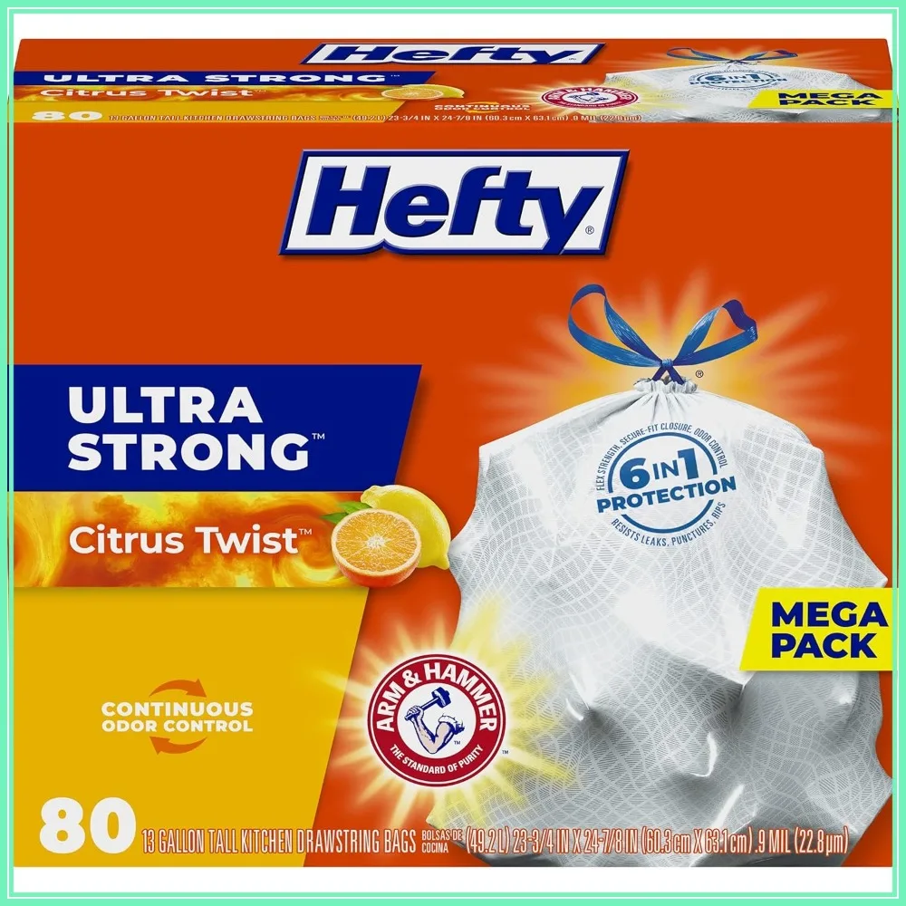 

13 Gallon Tall Kitchen Trash Bags, Drawstring Closure, Continuous Odor Control, White, Citrus Twist Scent, 80 Count