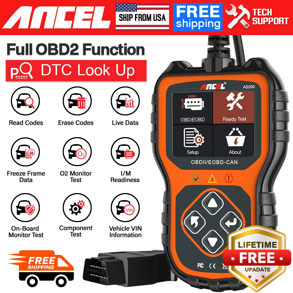 ANCEL AS200 OBD2 Scanner Diagnostic Tools Check Engine Transmission Cranking Erase Codes DTC Lookup for All 12V OBD2 16pin Car