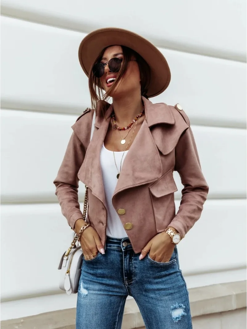 Jacket S-2XL Pockets Short Fashion Autumn Coat Winter Short Jacket Suede Autumn Jacket Women Solid Color Buttons Jacket