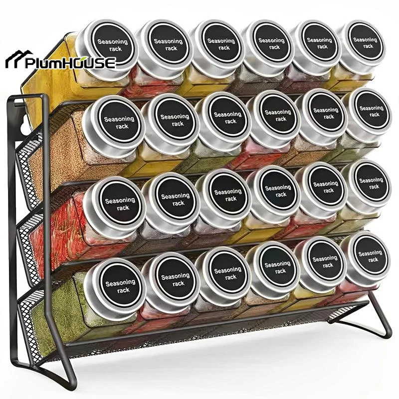 4 Tier Cupboard Storage Shelf Carbon Steel Spice Seasoning Jar Organizer Wall Mount Kitchen Spice Rack Non-Slip Pantry Organize