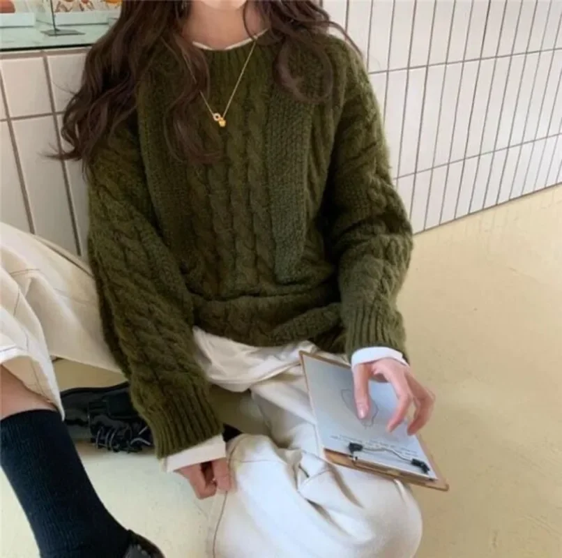 Maglione da pescatore Casual allentato semplice da donna nuovo maglione lavorato a maglia con maniche a lanterna con scollo a o nuovo cardigan lavorato a maglia autunno inverno Chic