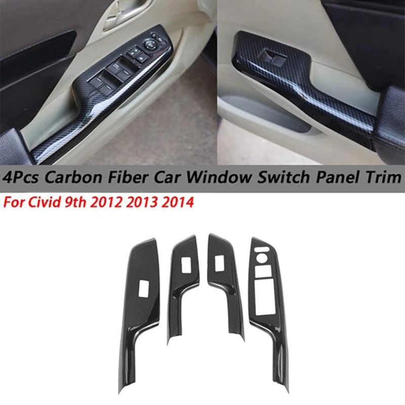 4Pcs Carbon Fiber Car Door Window Lift Switch Panel Cover Trim For Honda Civic 9Th 2012 2013 2014 LHD