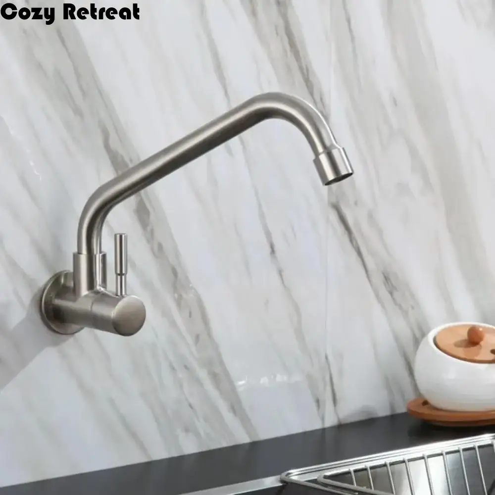 

Wall Mounted Rotatable Kitchen Faucet Stainless Steel Curved Design Sink Water Tap Horizontal Universal Single Cold Water Faucet