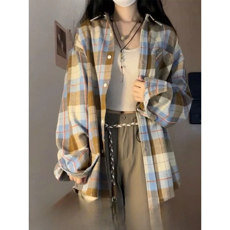 

Women's Vintage Plaid Long-sleeve Shirt - 2025 New Style for Spring and Autumn, Casual Loose Fit and Slimming Top