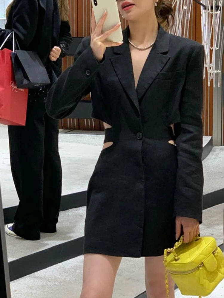 TWOTWINSTYLE Cut Out Blazer For Women Notched Collar Long Sleeve High Waist Solid Minimalist Blazers Female Spring Fashion 2022