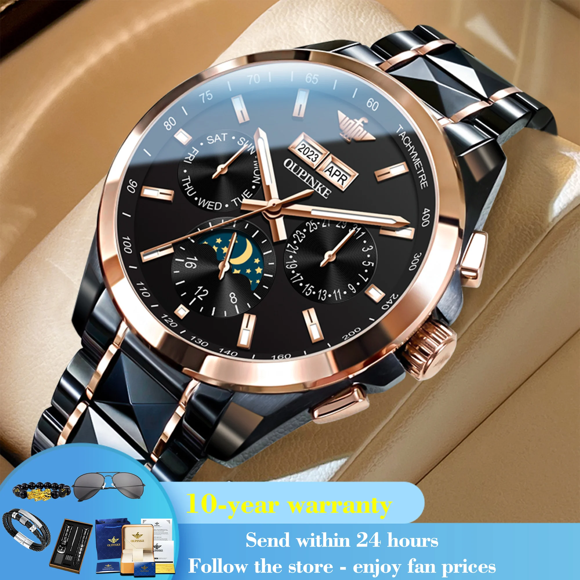 Oupinke 3238 Mondphase mechanische Uhr für Männer Luxus original wasserdichte Armbanduhr Top Marke Edelstahl Mann Uhren