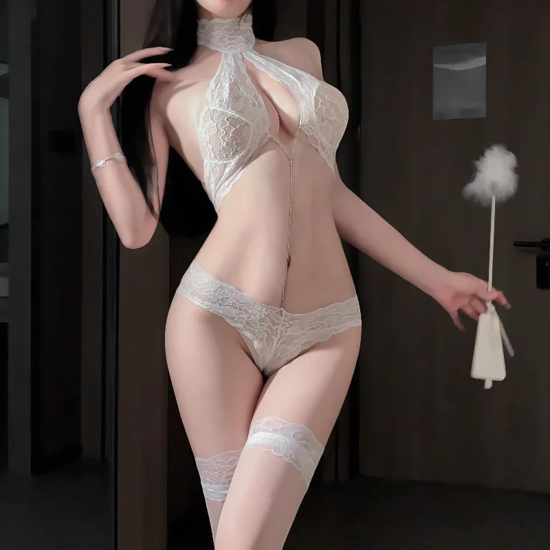 ملابس داخلية مثيرة للسيدات مع رقبة معلقة من الدانتيل وسلسلة متقاطعة بذلة مثيرة للسرير عاطفي وساخن بدون خلع #4