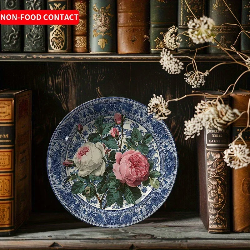 1pc Elegant Blue & White Ceramic Decorative Plate - Vintage Floral Dish with Hand-Painted Pink Roses, Non-Food Contact Display
