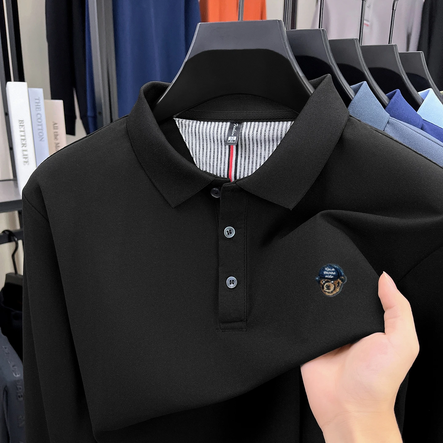 

Hot Sale High Grade Design Men's Polo Shirt Lapel Cartoon Bear Embroid Long Sleeve Spring Autumn T-Shirt Casual Fashion Menswear