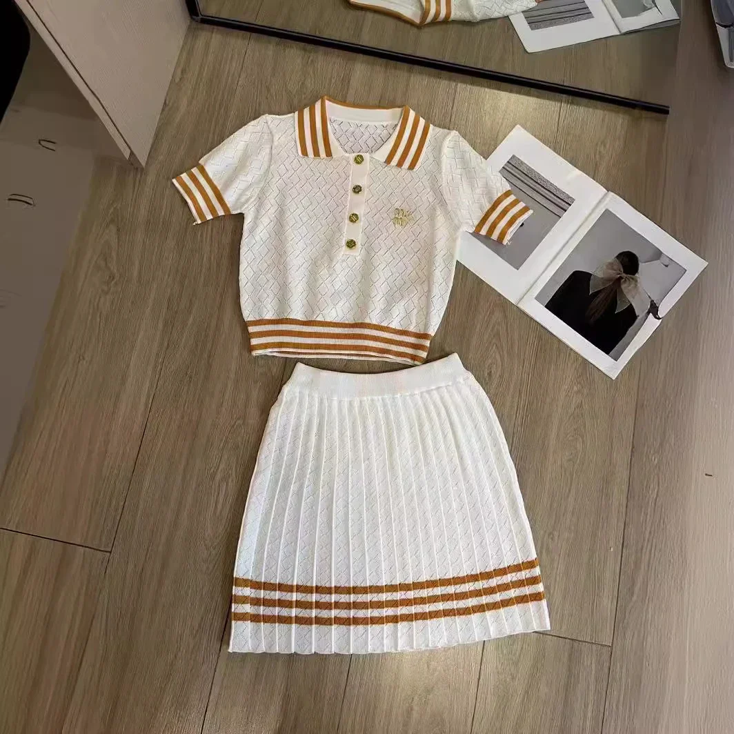 2024 Luxury Brand Spring/summer New M College Style Color Contrast Striped Embroidered Letter Blouse +Pleated Skirt Knitted Suit