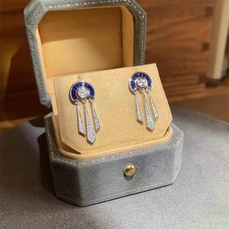 Elegant Vintage Women\'s Lab Sapphire Semicircle Tassels Zircon Drop Earrings 925 Silver Brilliant Anniversary Prom Fine Jewelry