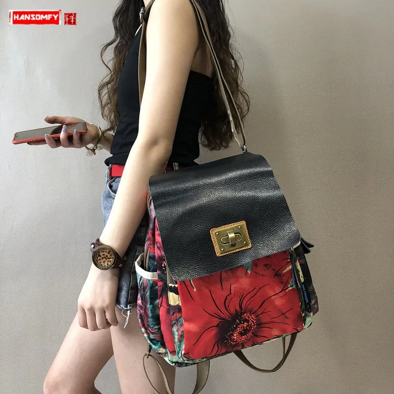 Women Backpack Casual Laptop Shoulder Bag Female Printed Canvas with Leather Travel Backpacks 2024 New Ethnic Style Street Youth