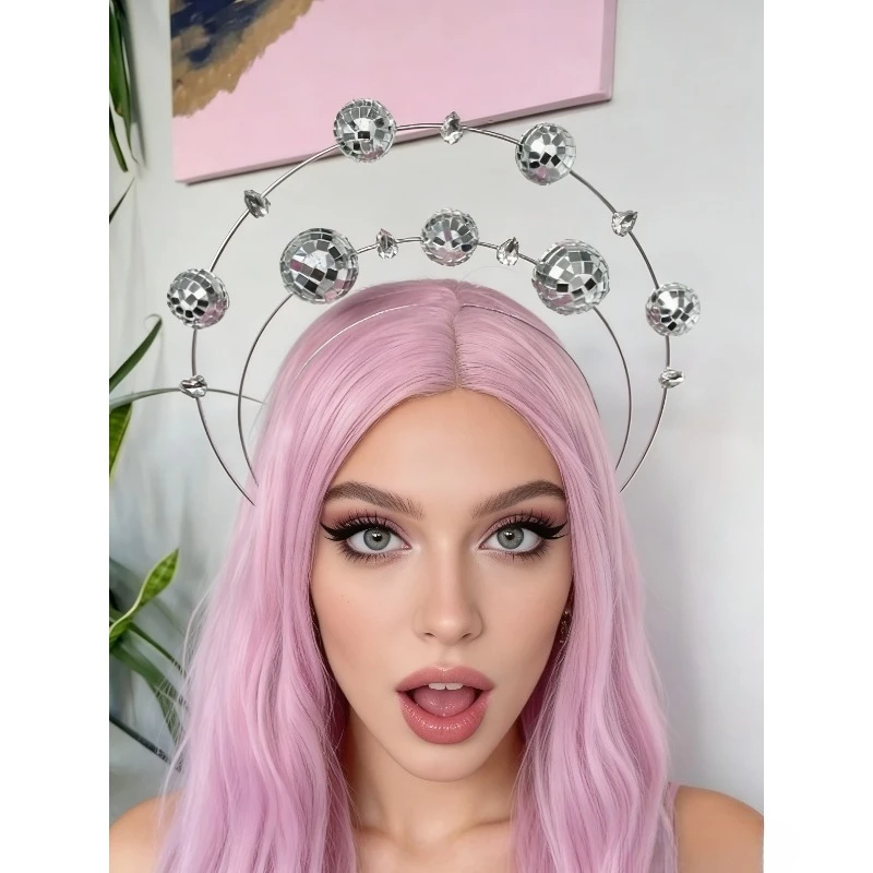 

Mirror Glitter Ball&Halo Headband – Silver Disco Crown with Diamond Jewels, Bridal Headpiece.Maternity photography accessories