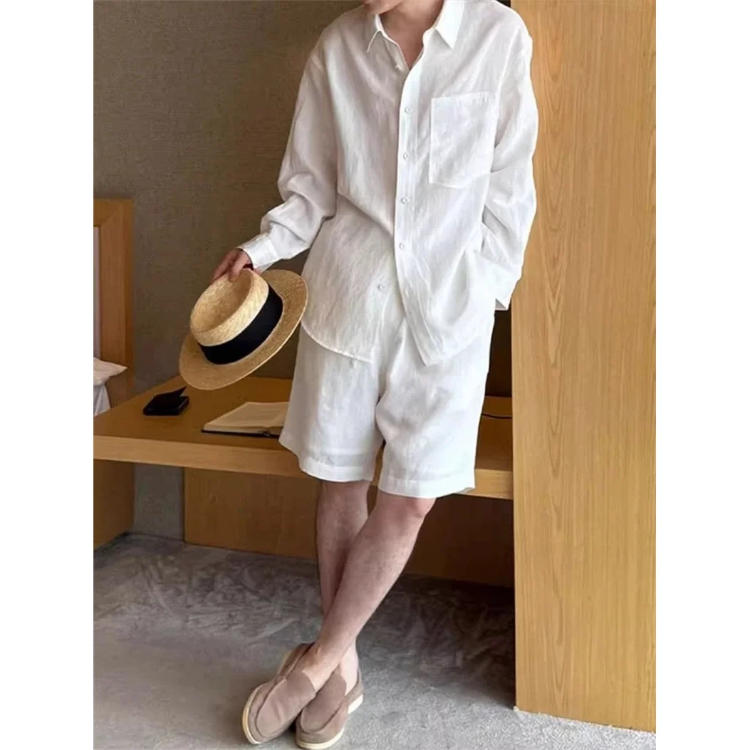 

Lightweight Breathable Cotton Linen Shirt Set for Men Long Sleeve Summer Casual Workwear with Pockets Short Pants Ensemble