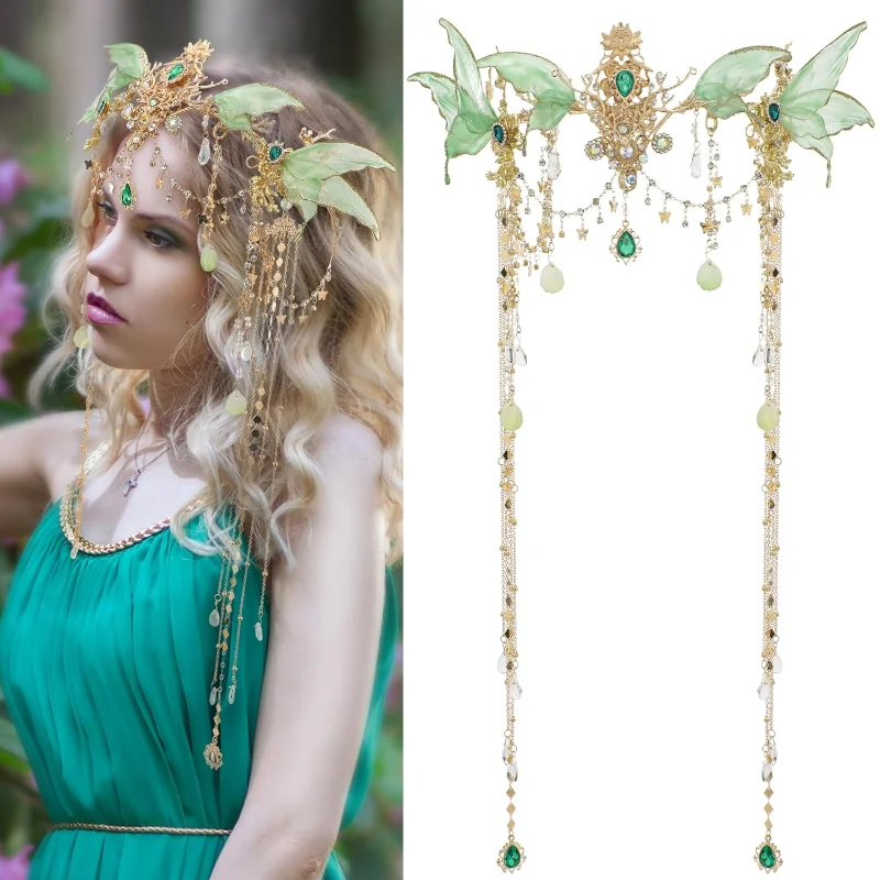 غطاء رأس على شكل تاج الجنية على شكل فراشة مع أجنحة فراشة تيارا مع شرابة إلفين لحفلات الزفاف والهالوين الخيالية للنساء