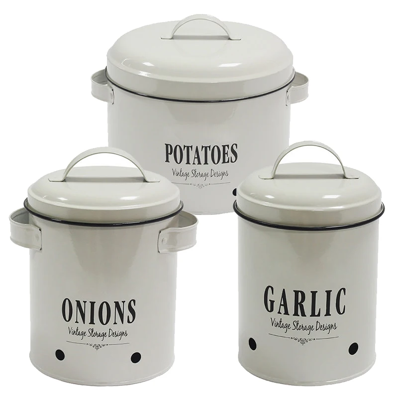 Metal 3 Sets with Lid Potato Onion Garlic Storage Keeper Pantry Organization Container Bin for Home Kitchen Counter