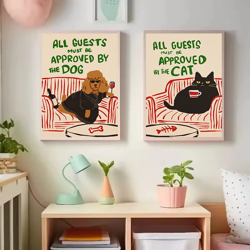 Abstrakte Katzen - Lustiger Leinwanddruck mit der Aufschrift „Alle Gäste müssen von der Katze zugelassen werden“ als Heimdekoration, Wandkunstdrucke und Poster für das Wohnzimmer.