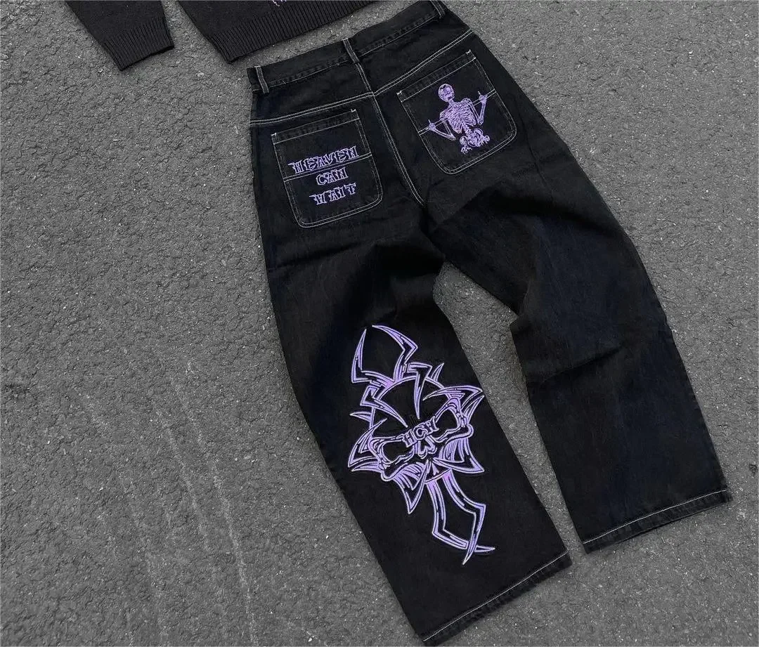 Classic Harajuku jeans skull ricamati 2024 street uomo e donna hip hop straight y2k blue jeans per donna slouchy jeans