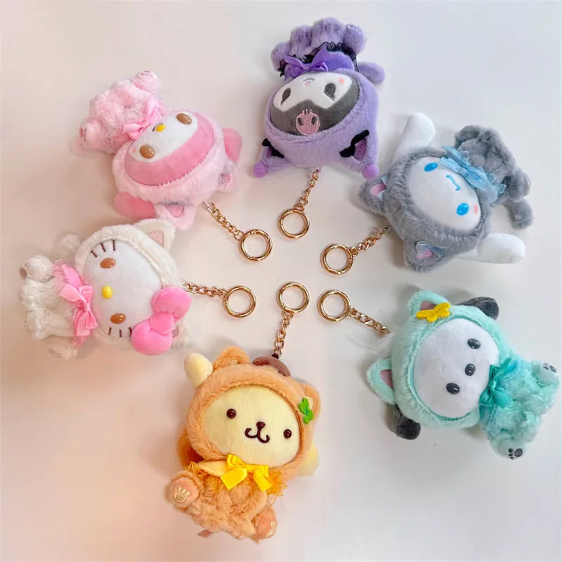 Porte-clés en peluche Sanurgente Hello Kitty, porte-clés My Melody Kuromi, porte-clés Kawaii Cinnamoroll, jouets pour enfants, pompon mignon, cadeaux Purin