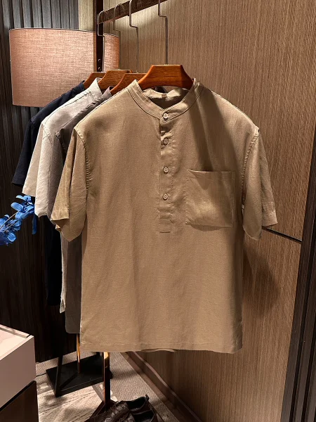 

New Chinese Sle Casual Retro Small Stand Collar Linen ort Sve T-irt Men's Color Artistic Temperament Summer Top