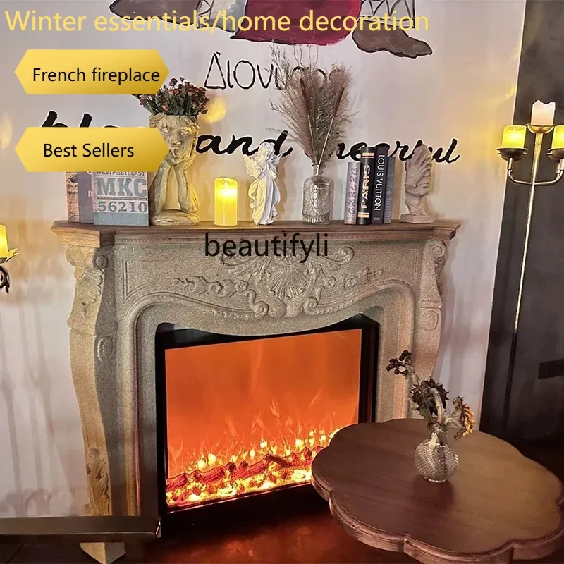 a95  French retro solid wood marble white fireplace American fireplace cabinet living room decorative cabinet